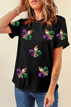 Load image into Gallery viewer, Black Mardi Gras Symbol Patched Crewneck T Shirt