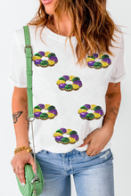 Load image into Gallery viewer, White Sequined Mardi Gras Pattern Crew Neck Short Sleeve Top
