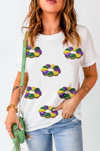 Load image into Gallery viewer, White Sequined Mardi Gras Pattern Crew Neck Short Sleeve Top
